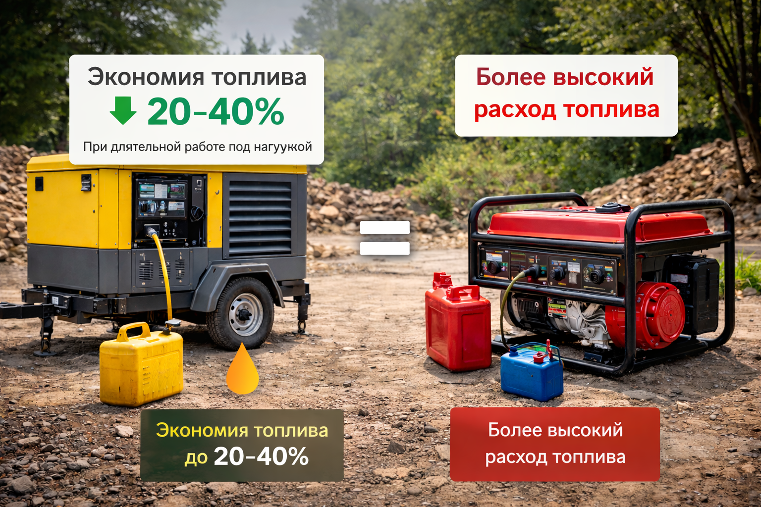 Сравнение экономичности дизельного и бензинового генератора — дизель экономит до 20–40% топлива