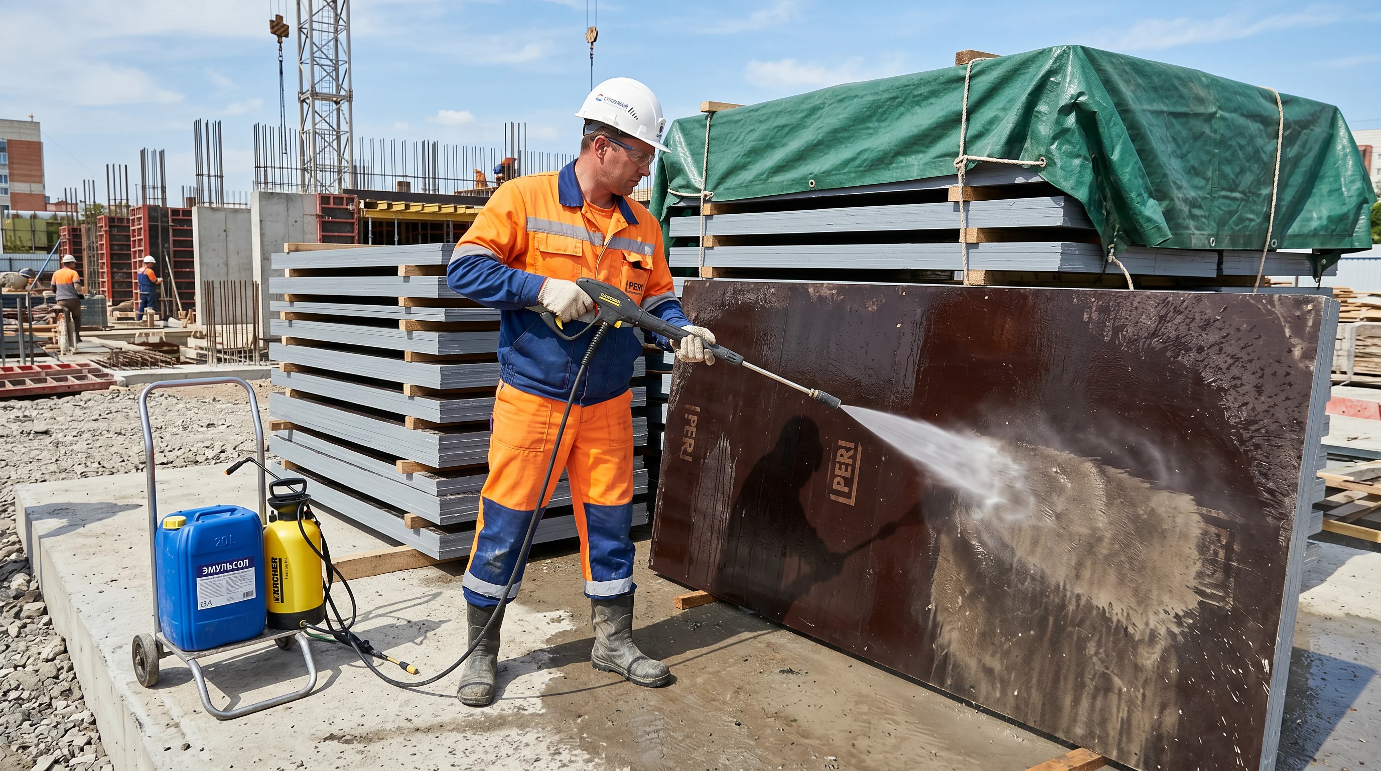 Рабочий очищает щит опалубки от бетона с помощью пластикового скребка, рядом аппарат высокого давления, на заднем плане аккуратно складированные штабеля щитов под тентом.