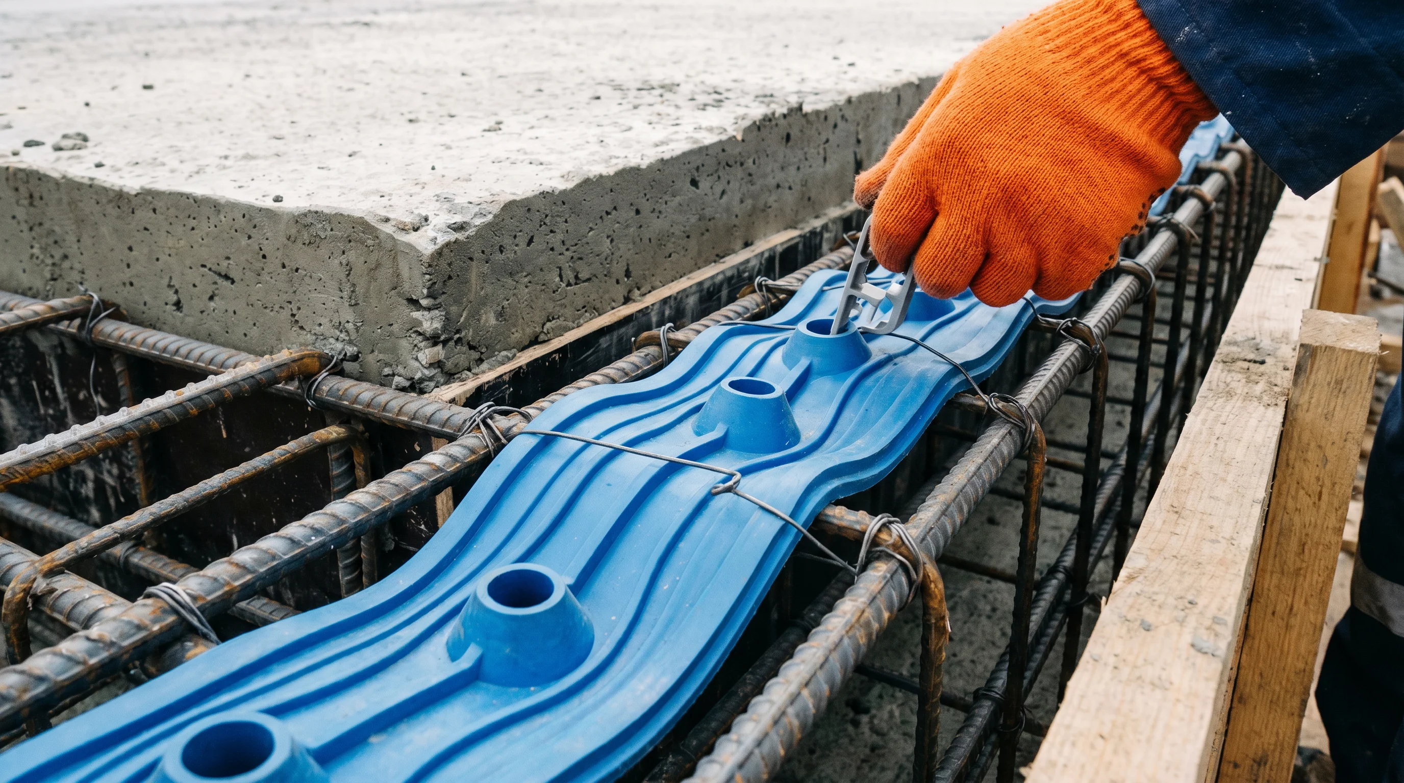 Рабочие монтируют эластичную гидрошпонку в арматурный каркас перед бетонированием. Видна ПВХ-лента и резиновая гидрошпонка