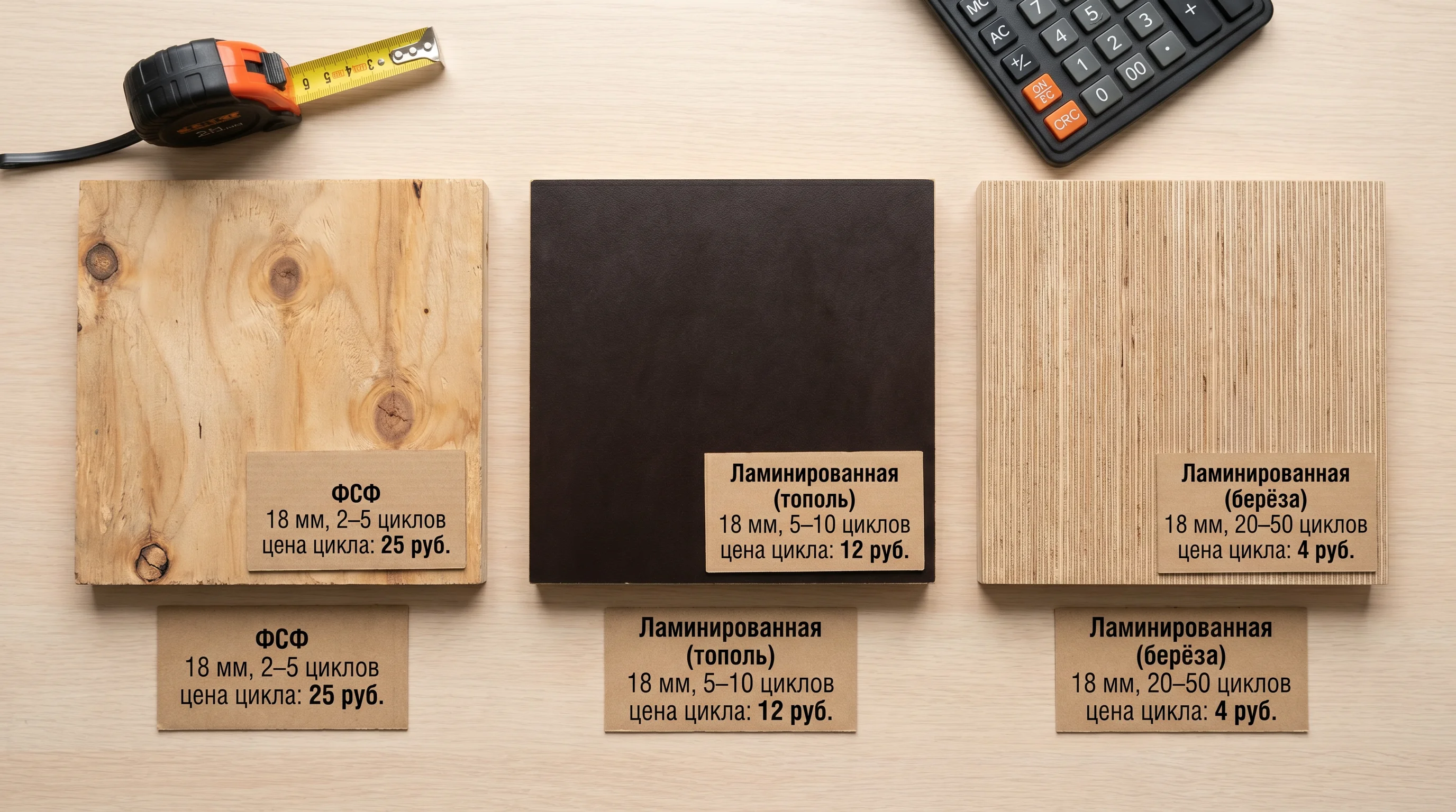 Стопки листов ламинированной и обычной фанеры на строительной площадке. Демонстрация сортов и толщины материала для опалубки.